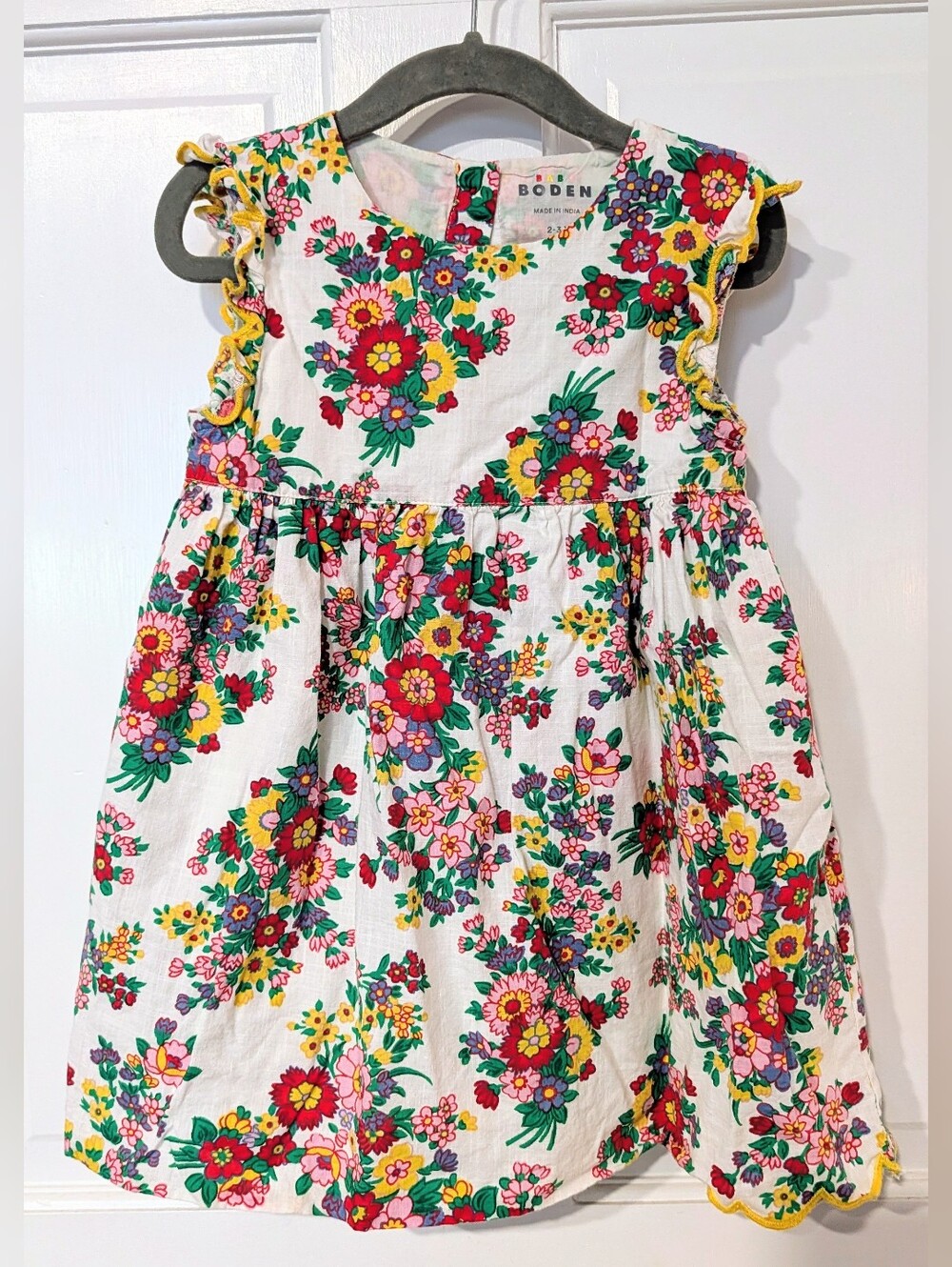 Boden White Floral Dress with Yellow Trim and Multicolor Blooms